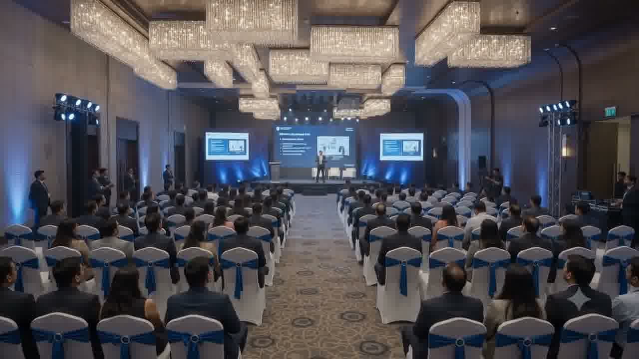 A corporate event conference fully setup with modern lighting panels and seating arrangements.